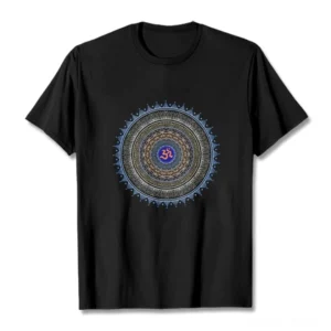 Black OM mandala graphic t-shirt flat lay front view, sacred Buddhist symbol design on premium cotton