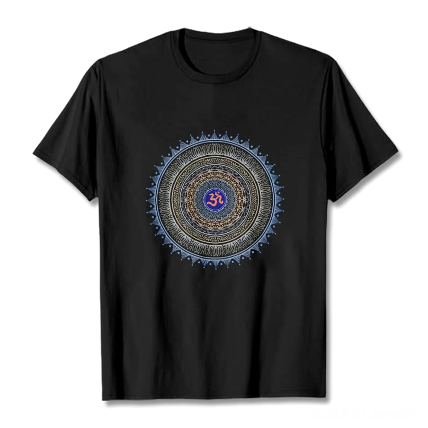 Black OM mandala graphic t-shirt flat lay front view, sacred Buddhist symbol design on premium cotton