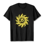 Black Om Sun Buddhist t-shirt flat lay front view, crew neck graphic tee with golden sun and Sanskrit Om symbol print