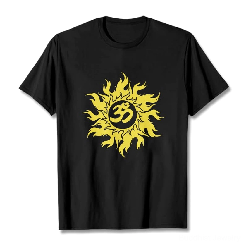 Black Om Sun Buddhist t-shirt flat lay front view, crew neck graphic tee with golden sun and Sanskrit Om symbol print