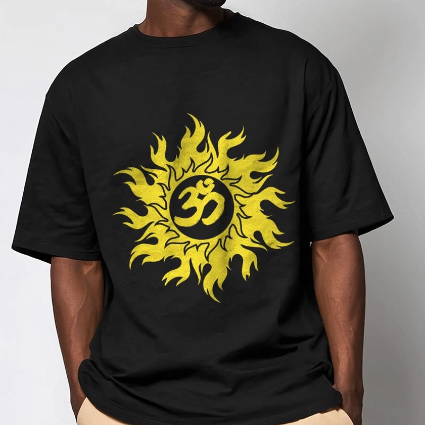 Men wearing black Buddhist graphic t-shirt with Om sun print, close-up torso view showing chest design detail