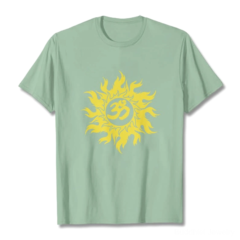 Side view man wearing black Om sun Buddhist graphic tee, showing relaxed fit and comfortable silhouette