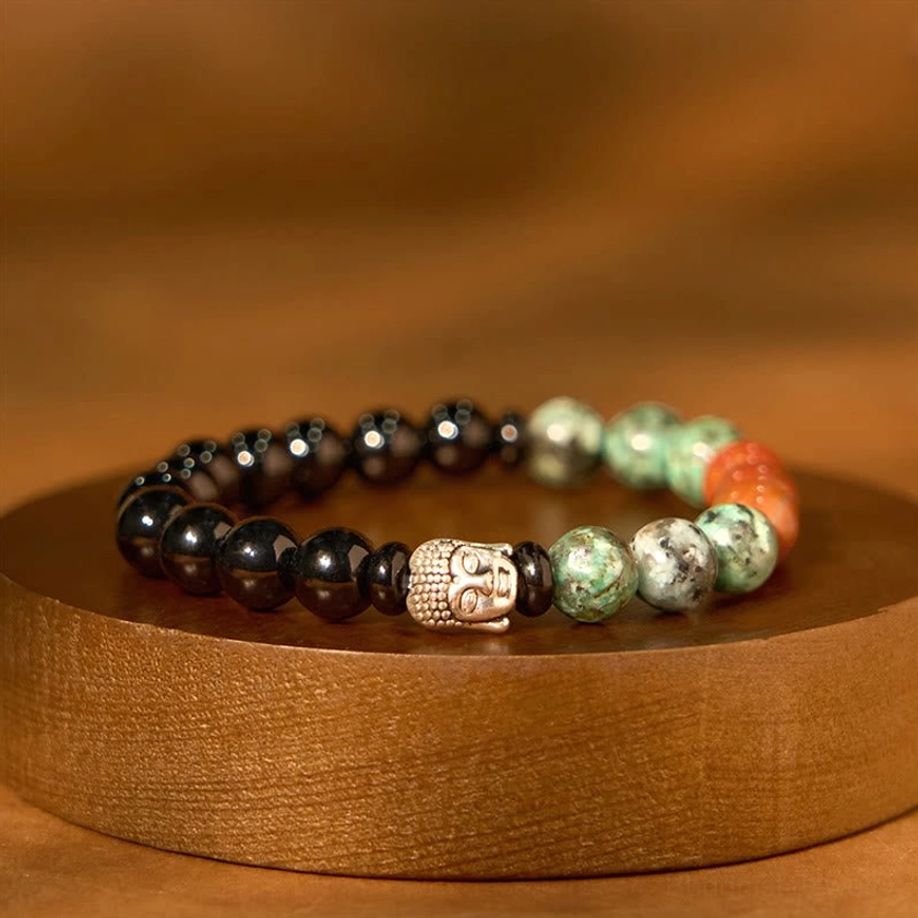 Black onyx Buddha head bracelet with protective energy stones for grounding and strength