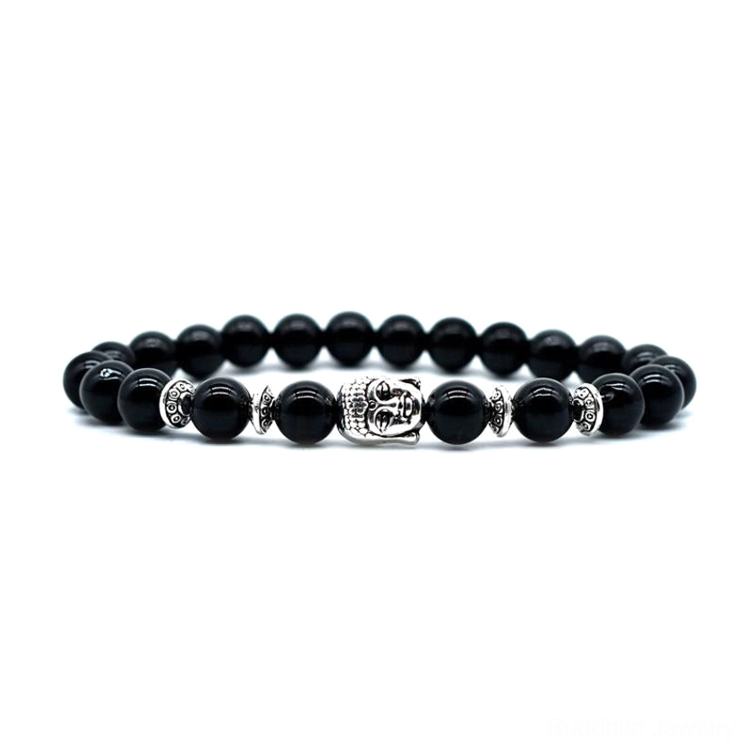 Black onyx protective Buddhist bracelet with matte black beads and silver Buddha charm for grounding and strength