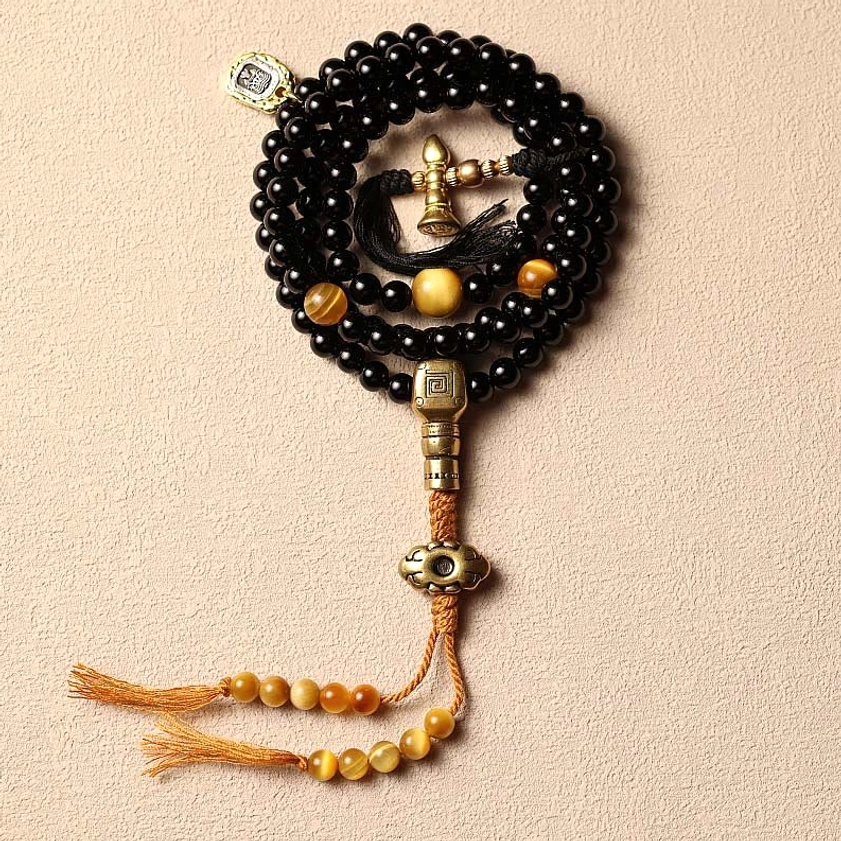 Black onyx mala beads with copper hardware guru bead 6mm and 8mm sizes available