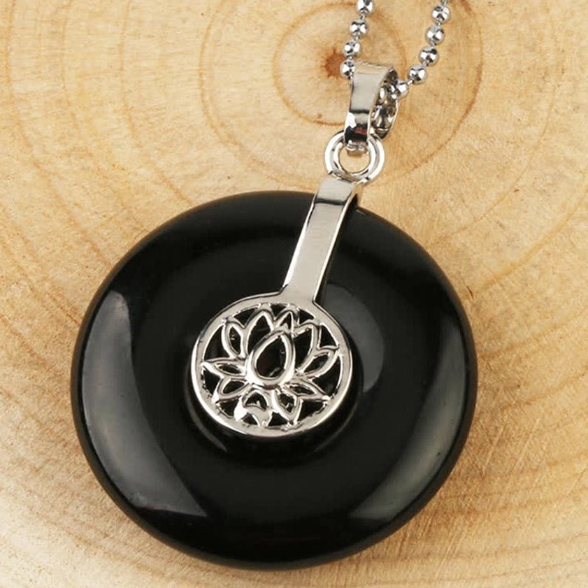 Black onyx lotus donut pendant - natural protection stone with silver metal hardware
