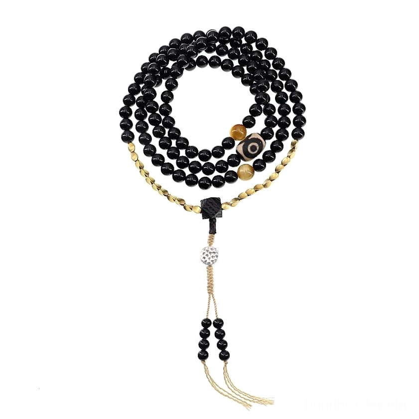 Black onyx mala beads bracelet dzi bead authentic handcrafted Buddhist jewelry