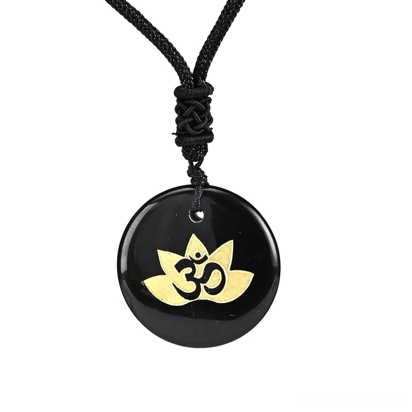 Black Onyx OM Lotus healing necklace - polished onyx stone with black braided rope cord and gold foil engraved sacred geometry design
