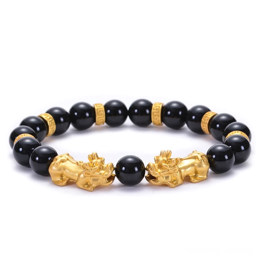 Black Onyx Pixiu bracelet with golden alloy charms and engraved sacred mantra beads