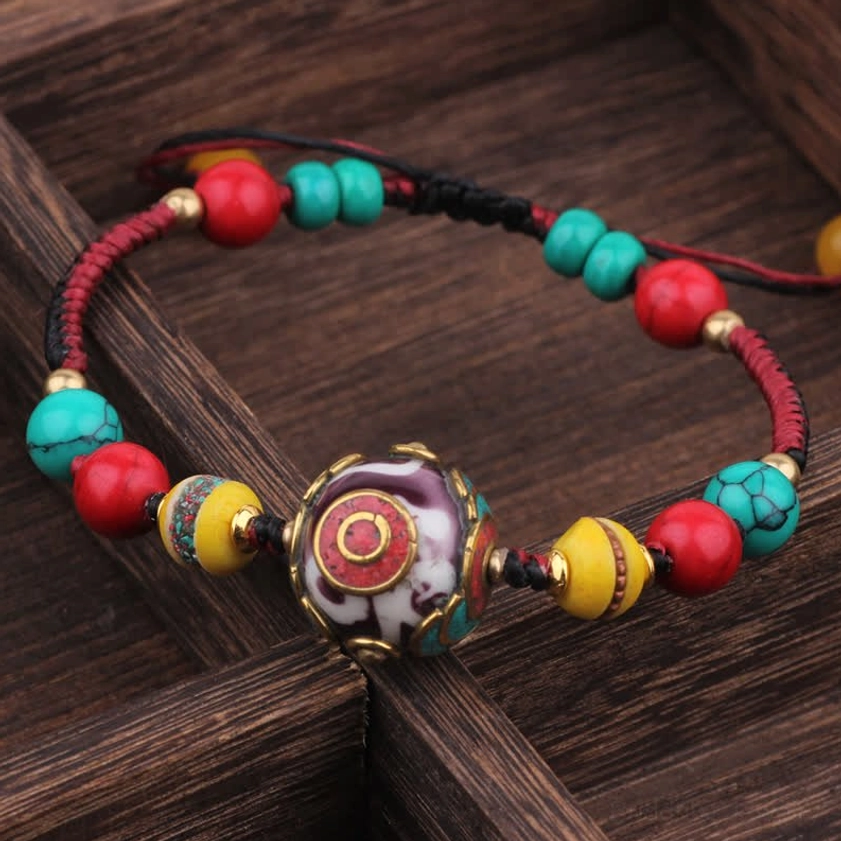 Black red rope Buddhist bracelet with ornate central bead and colorful beads, healing crystal adjustable bracelet