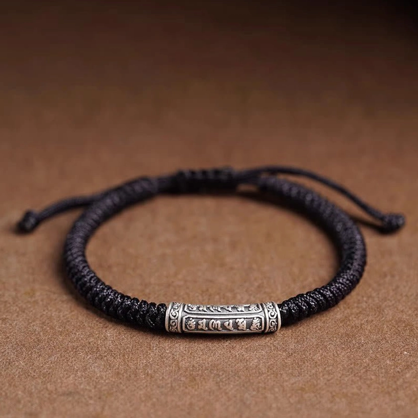 Black rope bracelet with Om Mani Padme Hum sterling silver engraved spiritual charm