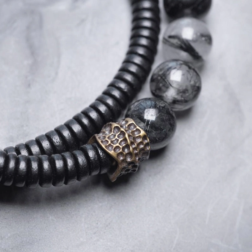 Black rutilated quartz ebony wood copper Buddhist couple bracelet for protection and spiritual wisdom full product showcase