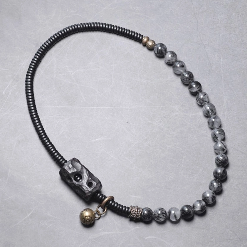 Black rutilated quartz couple bracelet for intuition and success, Buddhist wisdom protection jewelry