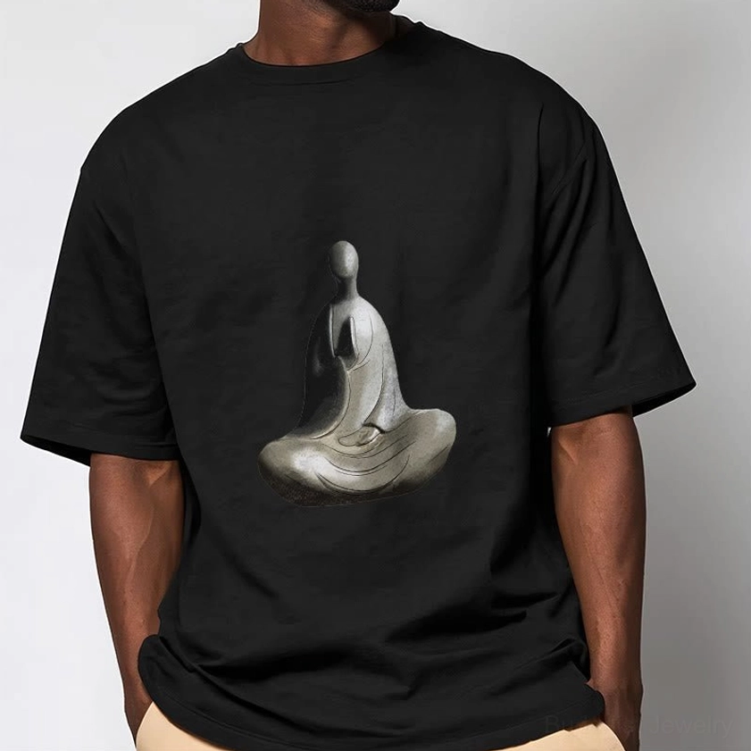 Man wearing black Buddhist t-shirt with formless Buddha print front-facing relaxed fit