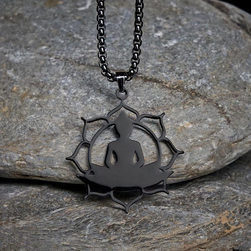 Black stainless steel buddha lotus pendant necklace front view