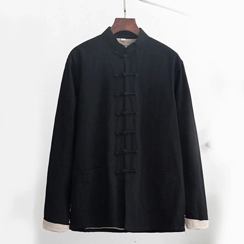 Front hanging display of black stand collar tang shirt with functional patch pockets and frog button closure for spiritual practice