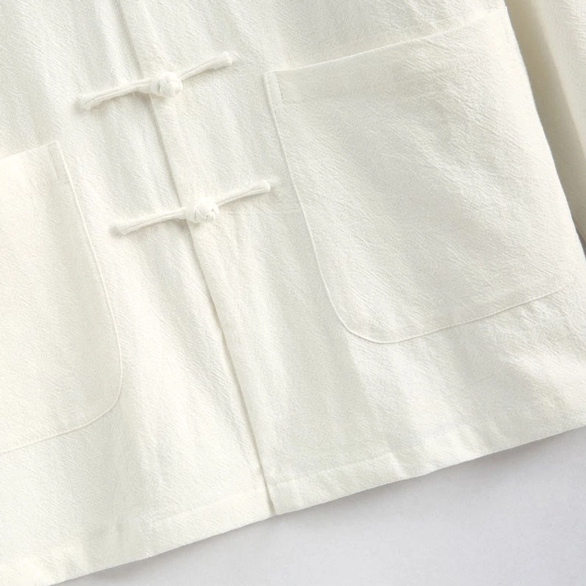 Black crane embroidery Tang suit pants with elastic waistband and functional pockets