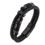 Black titanium steel leather weave bracelet with magnetic stainless steel clasp and braided texture