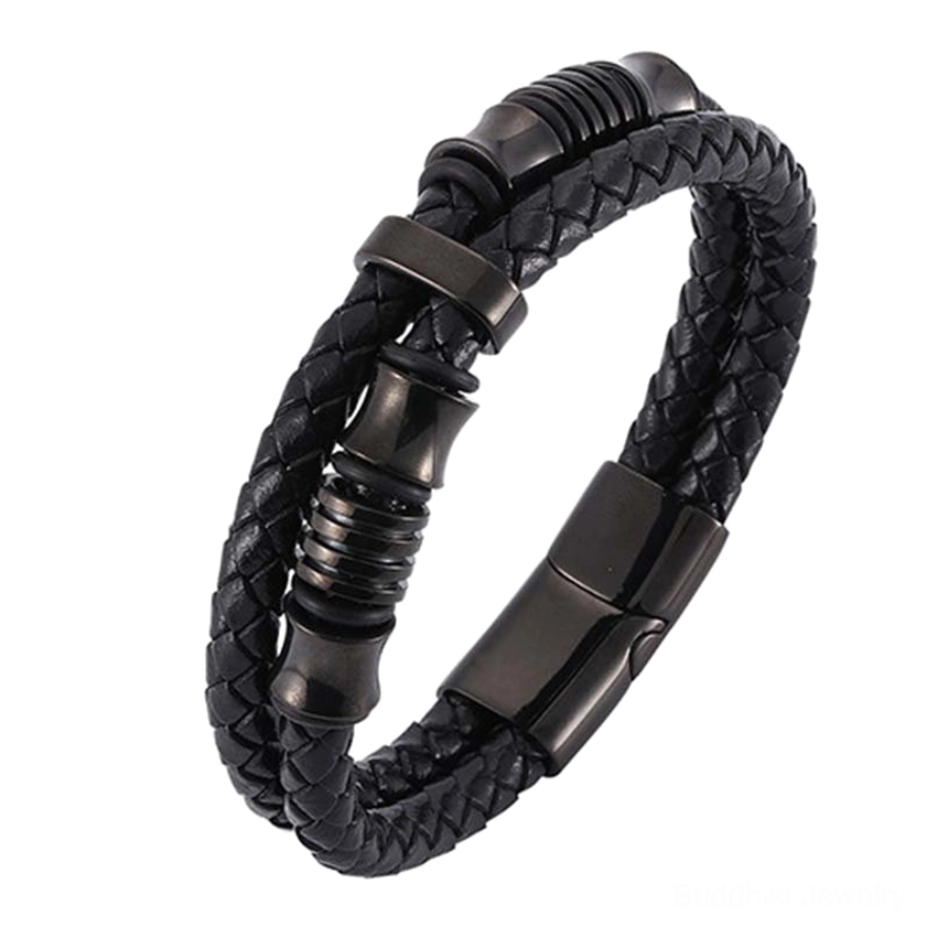 Black titanium steel leather weave bracelet with magnetic stainless steel clasp and braided texture