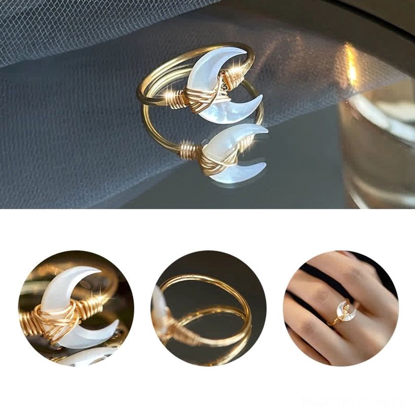 Black tridacna stone moon blessing ring with 14K gold wire wrapping, protective grounding style jewelry