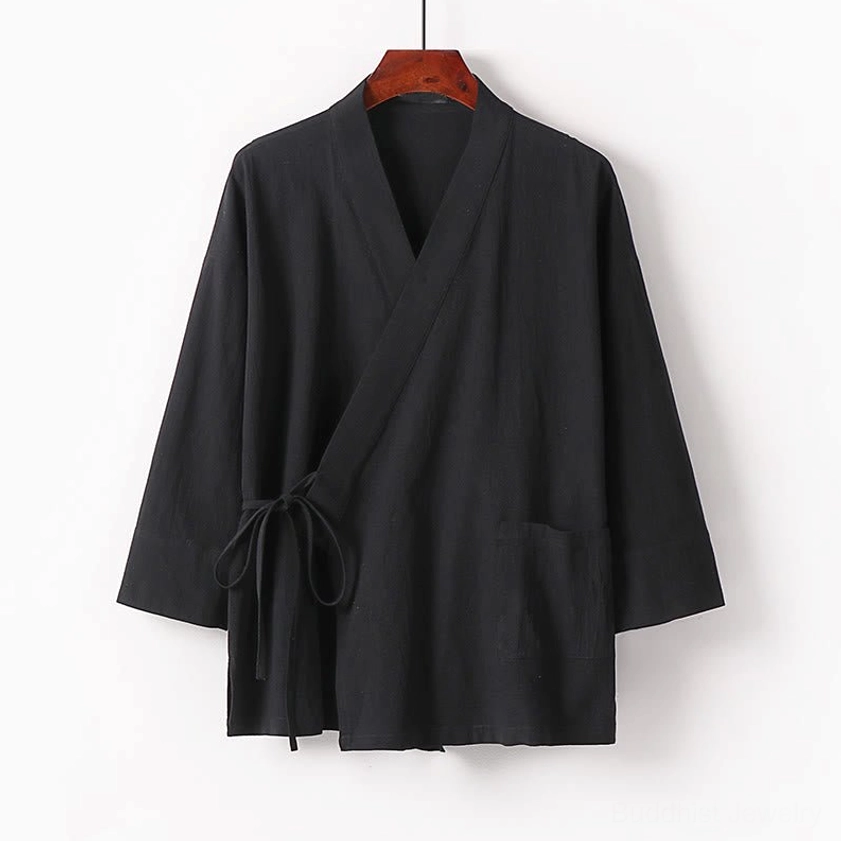 Black V-neck wrap meditation kimono with wide sleeves and tie front fastener