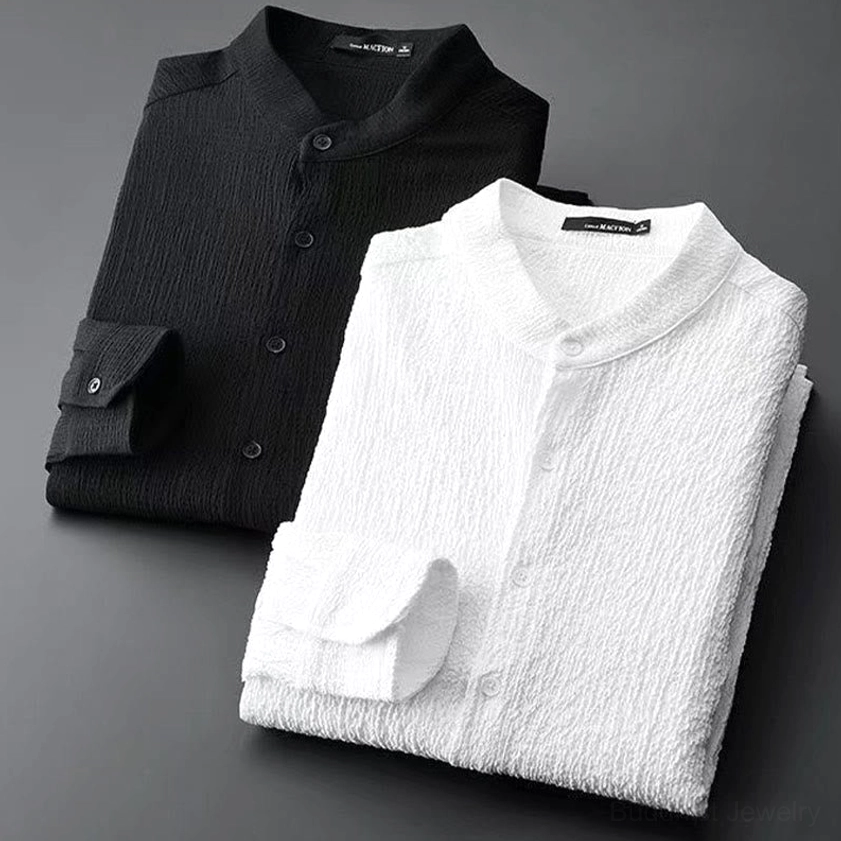 Black and white Buddhist monastic linen shirts flat lay comparison, stand collar details