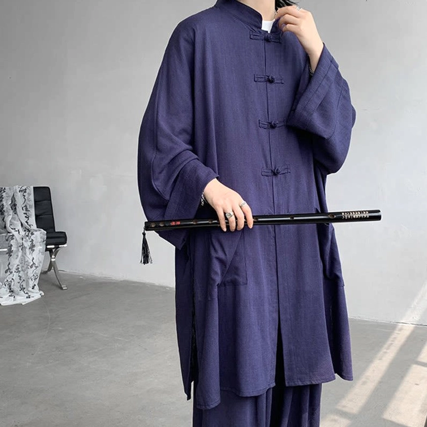 Black Buddhist meditation clothing set full length view showing proportions and sleeve design