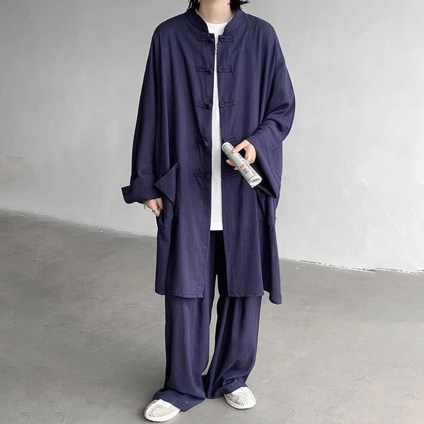 Black Buddhist zen meditation cotton set side profile showing relaxed fit and sleeve length