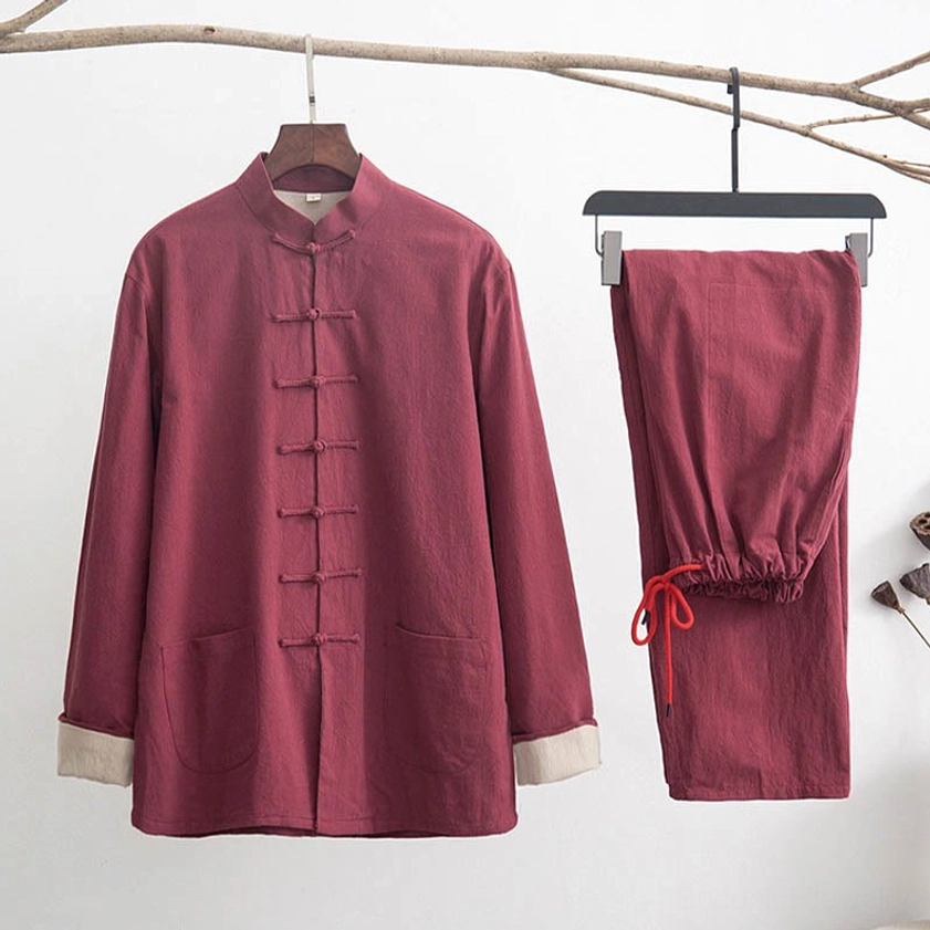 Sleeve detail of black linen tang shirt showing long sleeve length and natural linen texture for spiritual practice