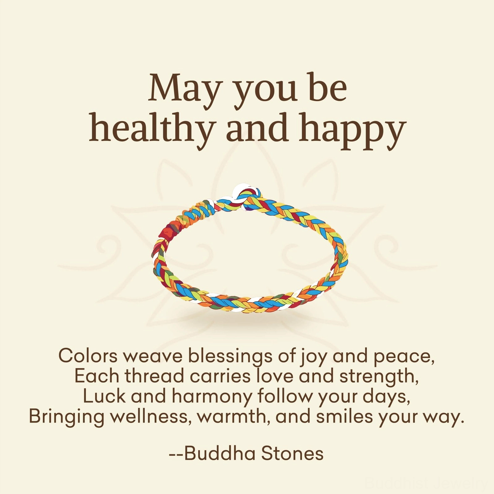 Buddhist blessing greeting card with illustrated multicolor woven bracelet on beige background with lotus pattern