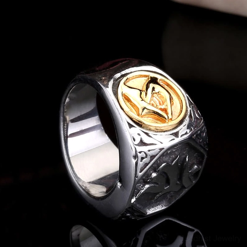 Inner band of titanium steel ring showing smooth dual-tone decorative details and craftsmanship