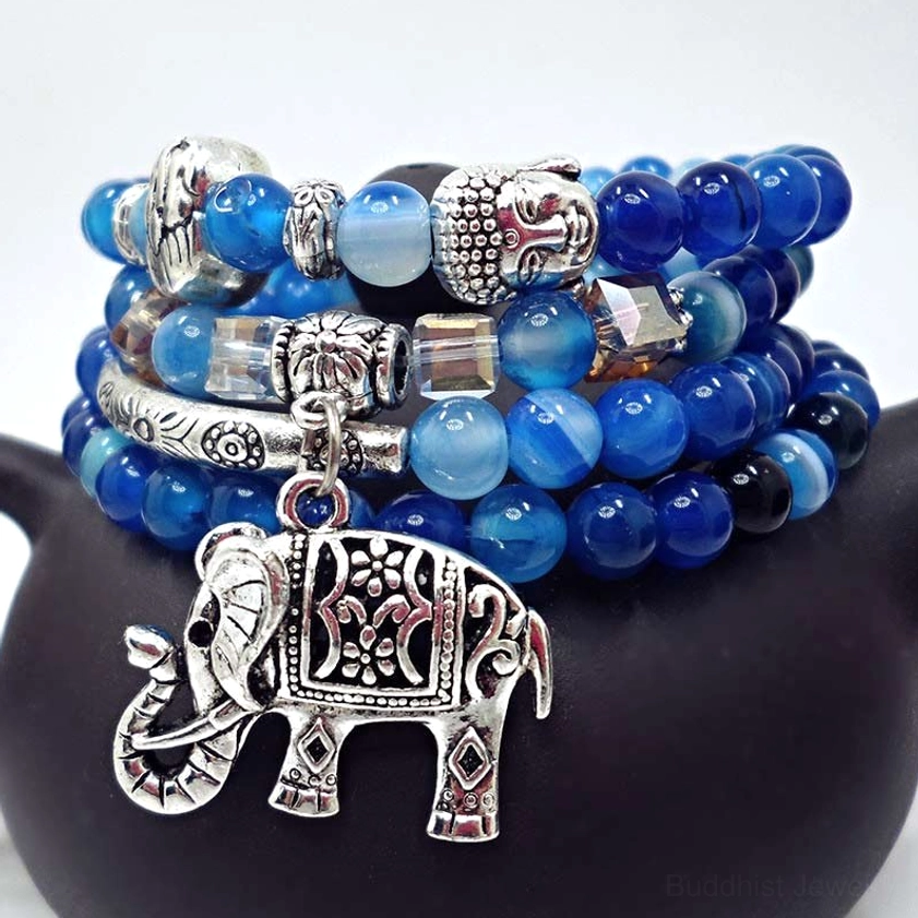 Blue Agate Elephant Buddha Bracelet - Side Profile Showing Carved Elephant Charm and Metal Details