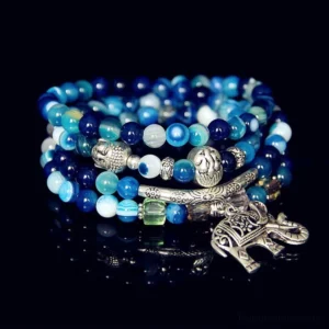 Blue Agate Elephant Buddha Bracelet - 6mm Natural Stones with Silver-Plated Copper Charm, Top View