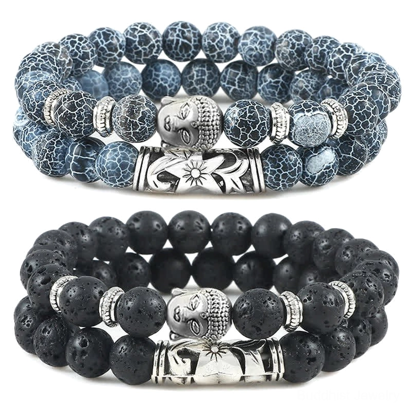 Natural stone Buddha healing bracelet duo featuring blue weathered agate and lava rock beads with spiritual charm