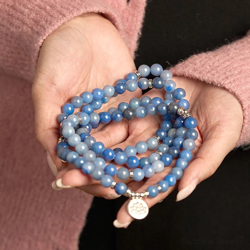 Natural blue aventurine 108 mala prayer beads with silver spacers and lotus pendant two hands
