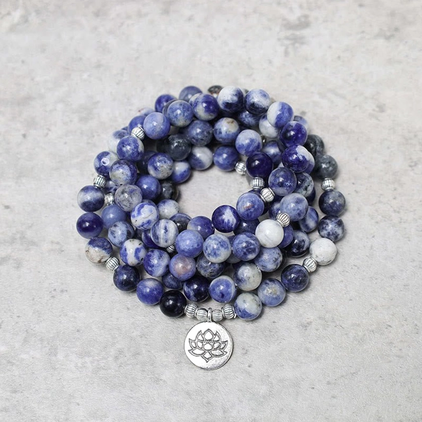 Coiled blue aventurine mala beads with sterling silver lotus charm handcrafted Buddhist jewelry