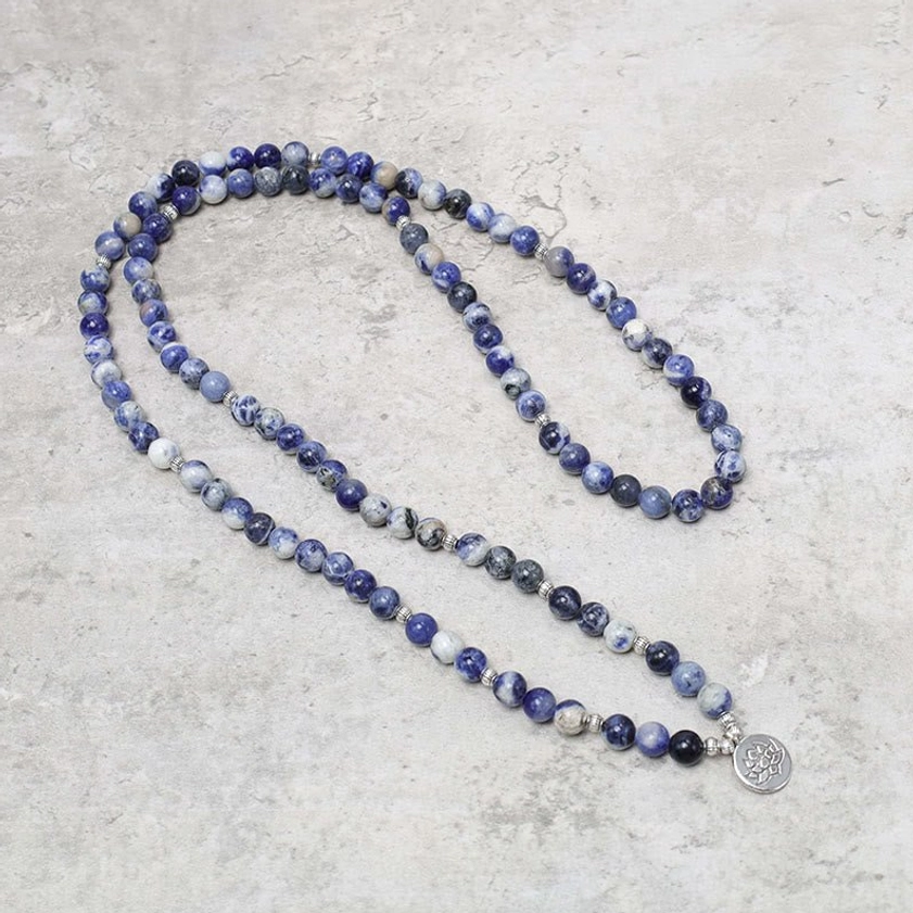 Double-looped blue aventurine long bead necklace with silver lotus end charm meditation jewelry