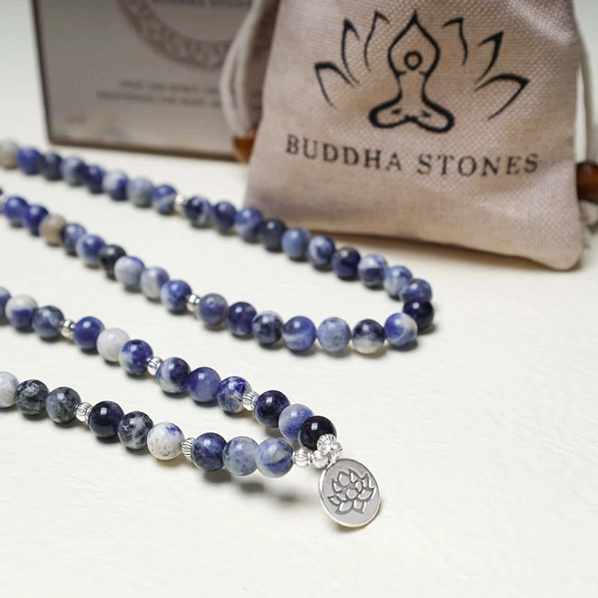 Blue aventurine necklace beads with lotus pendant and BUDDHA STONES brand pouch spiritual gift packaging