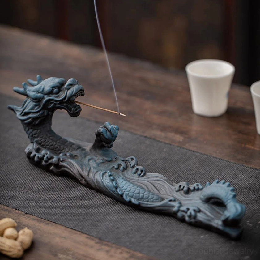 Blue brown dragon ceramic incense burner, alternative color variation with intricate dragon design