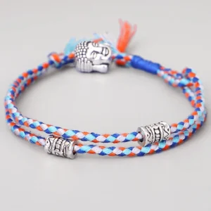 Blue Buddha head braided string bracelet with silver alloy beads and tassel, front view on white background