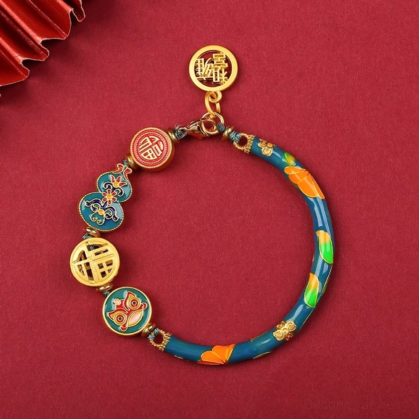 Blue enamel copper lion gourd prosperity bracelet with gold fortune pendant charm for wealth and good luck
