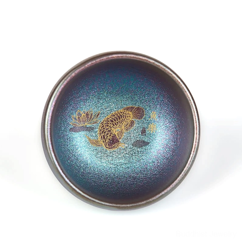 Blue gold Jianzhan ceramic teacup 150ml capacity handmade with velvet gift box presentation