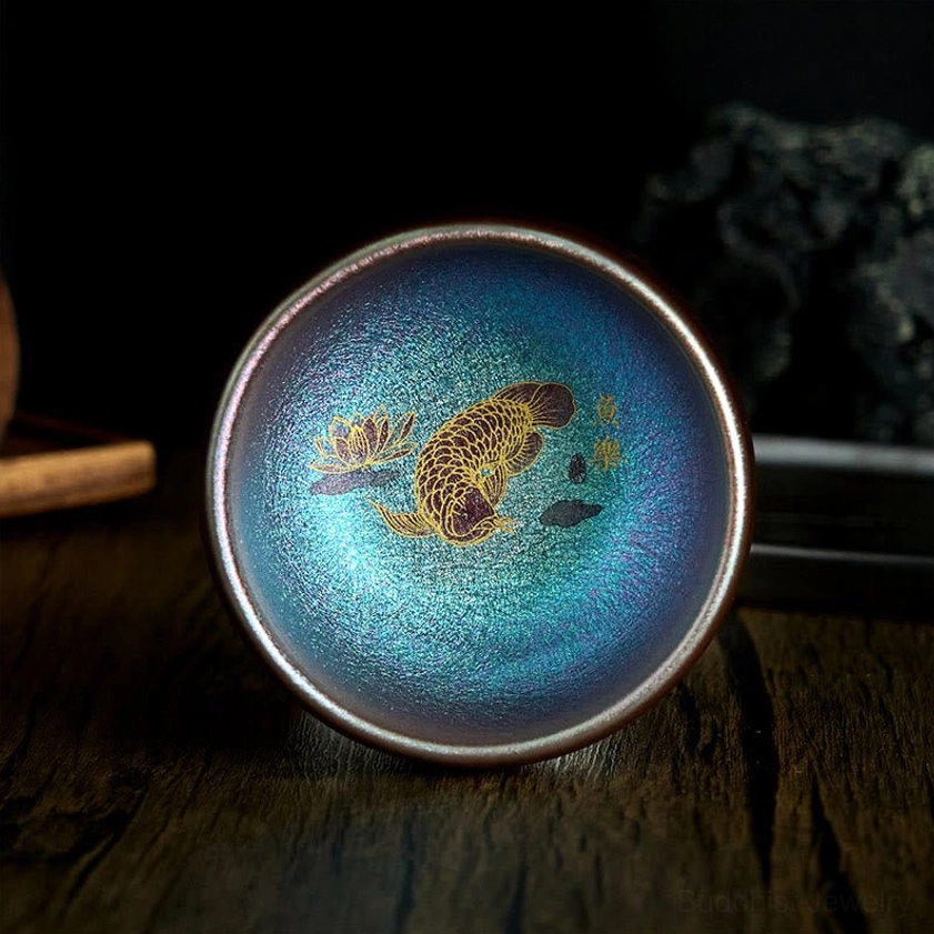 Blue gold koi fish Jianzhan tea cup 150ml handmade ceramic with lotus leaf pattern