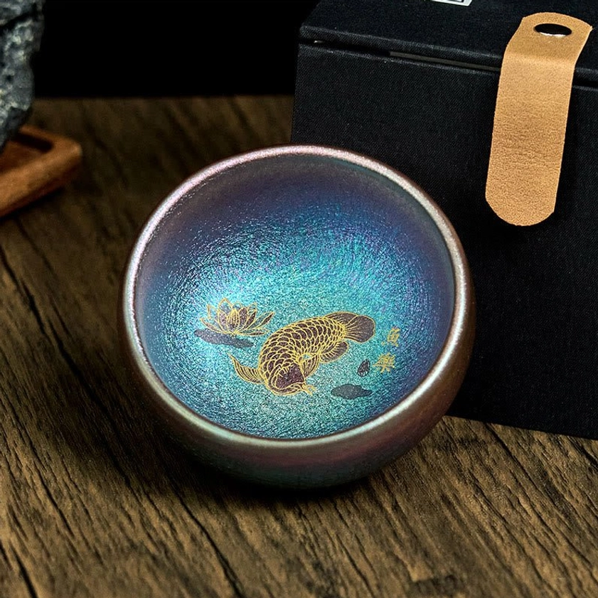 Blue gold koi fish Jianzhan ceramic teacup with premium velvet gift box packaging