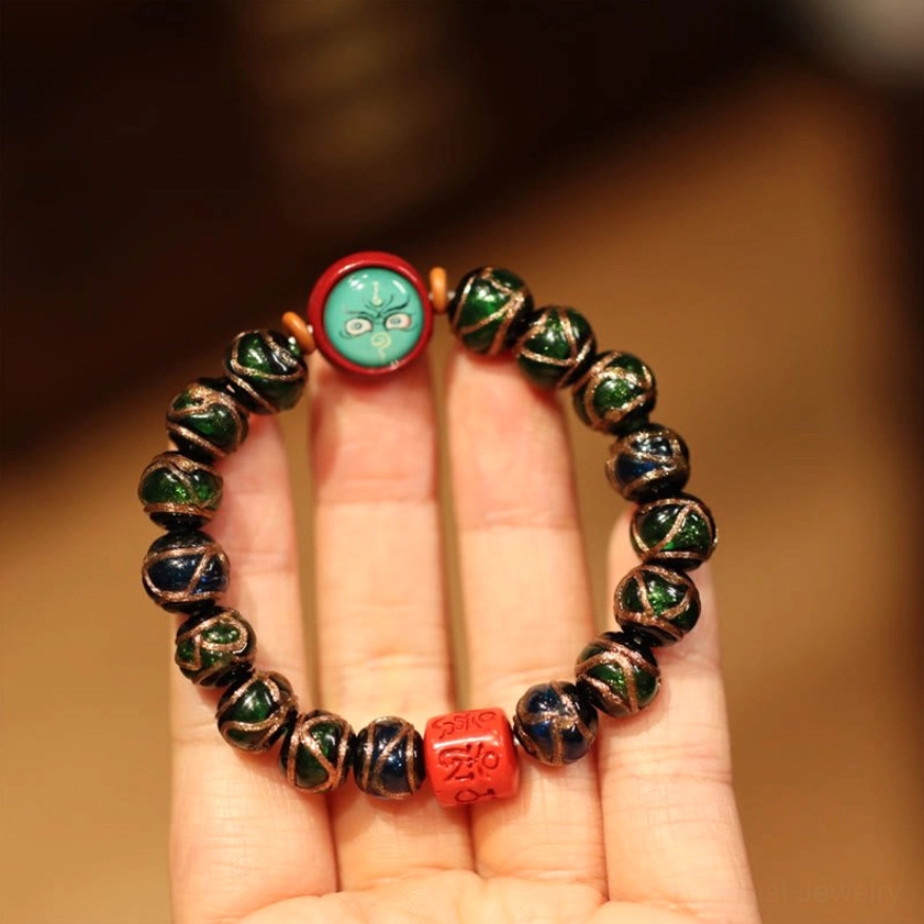 Blue Green Green God of Wealth Buddhist bracelet with completion and abundance charm beads