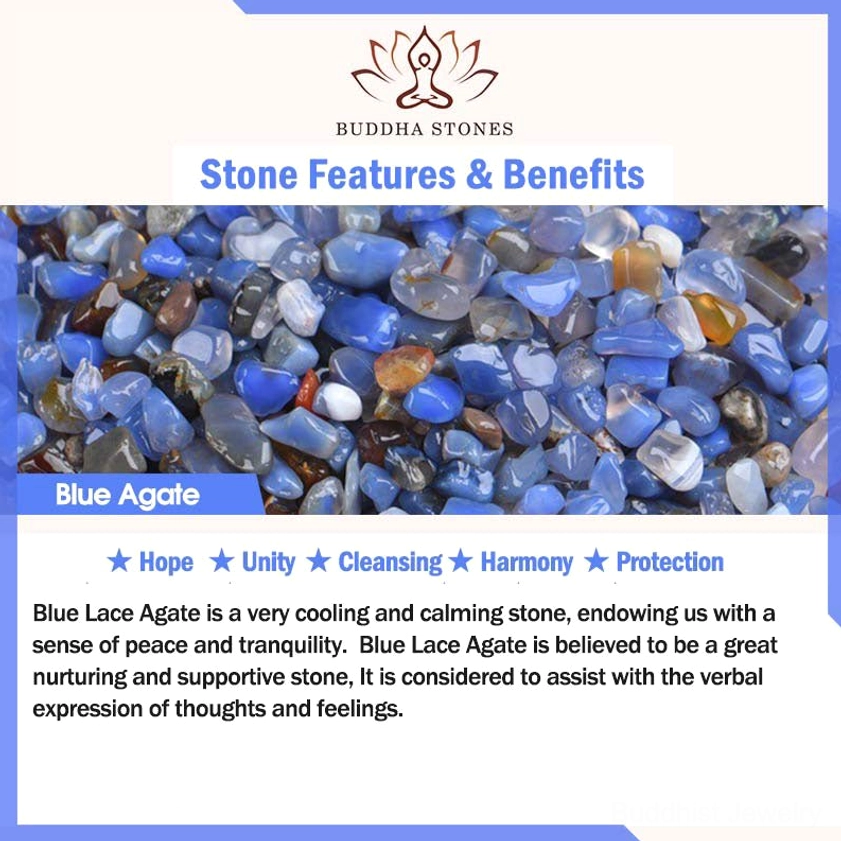 Blue lace agate stone benefits infographic featuring tranquility harmony throat chakra healing and protective properties