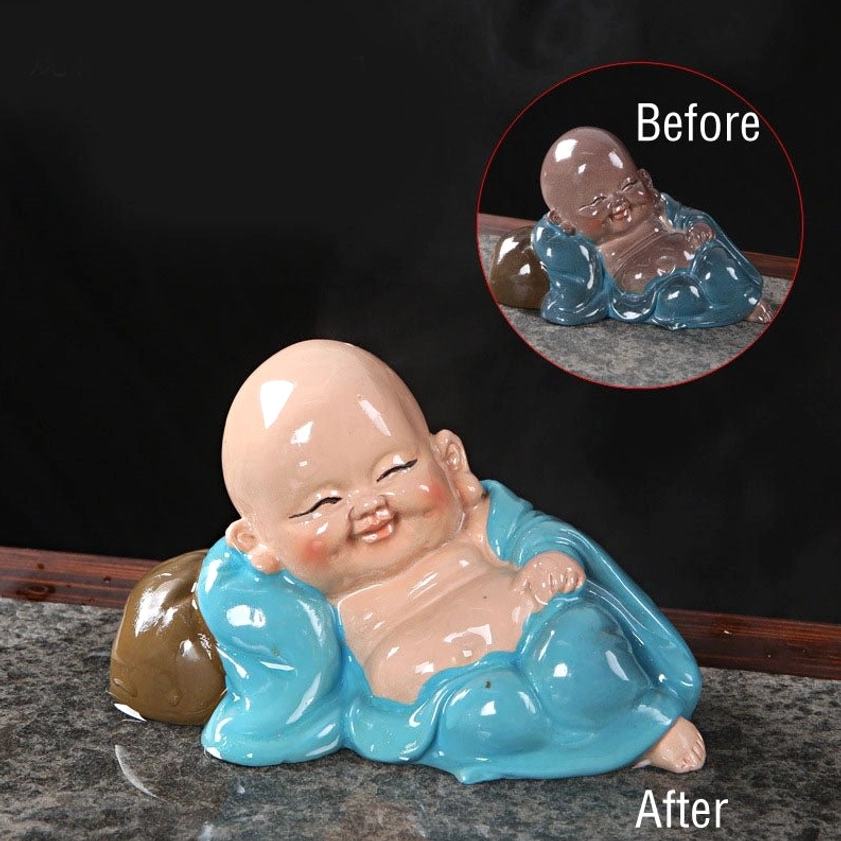 Blue laughing Buddha color-changing tea pet figurine for wellness, meditation, and spiritual home decoration