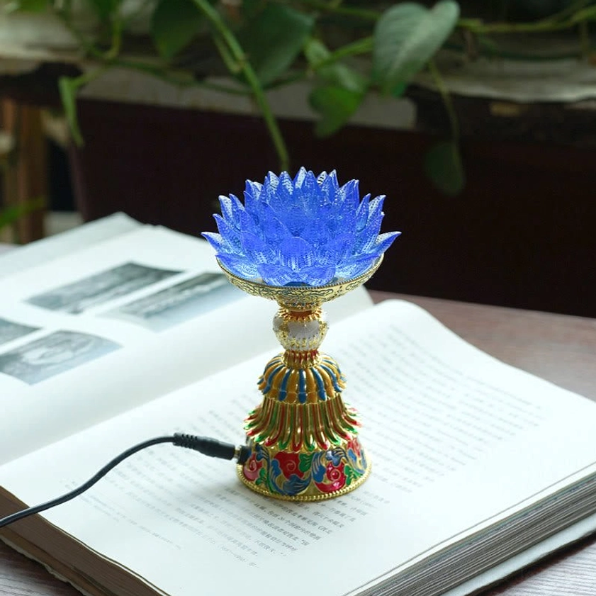 Blue liuli glass lotus lamp for meditation and spiritual practice with adjustable lighting