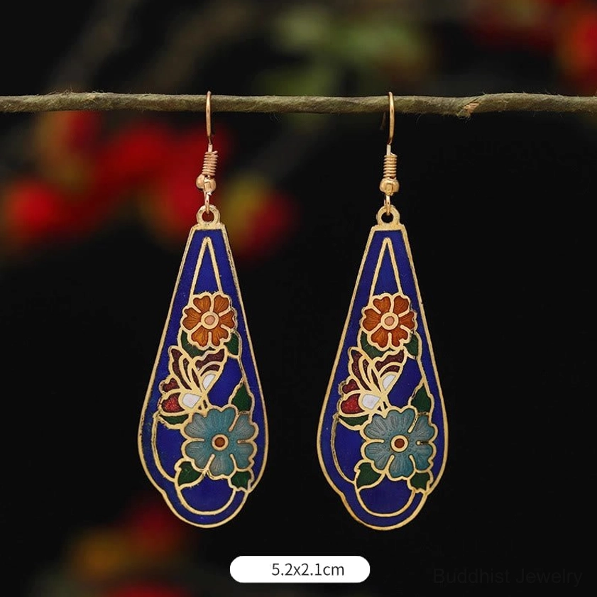 Blue base long teardrop enamel drop earrings size 5.2x2.1cm with lotus and butterfly enamel design
