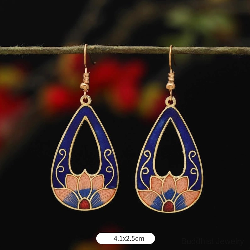 Blue base lotus teardrop enamel drop earrings with peach floral pattern, size 4.1x2.5cm and gold trim